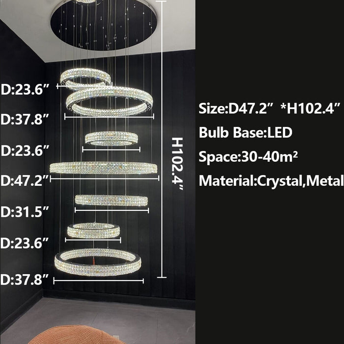 D47.2"*H102.4" chandelier,chandeliers,crysta,round,rings,circle,pendant,ceiling,flush mount,chrome,art,living room,dining room,foyer,entrys,loft,hotel lobby.duplex hall,hallway,oversized,large,extra large,huge,big