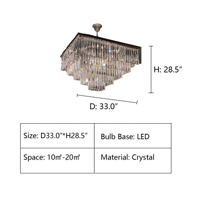 D33.0"*H28.5" chandelier,chandeliers,crystal,rectangle,square,tiers,layers,5 tiers,5 layers,living room,chrome,black,clear,transparent,dining room,foyer,entryance,bedroom