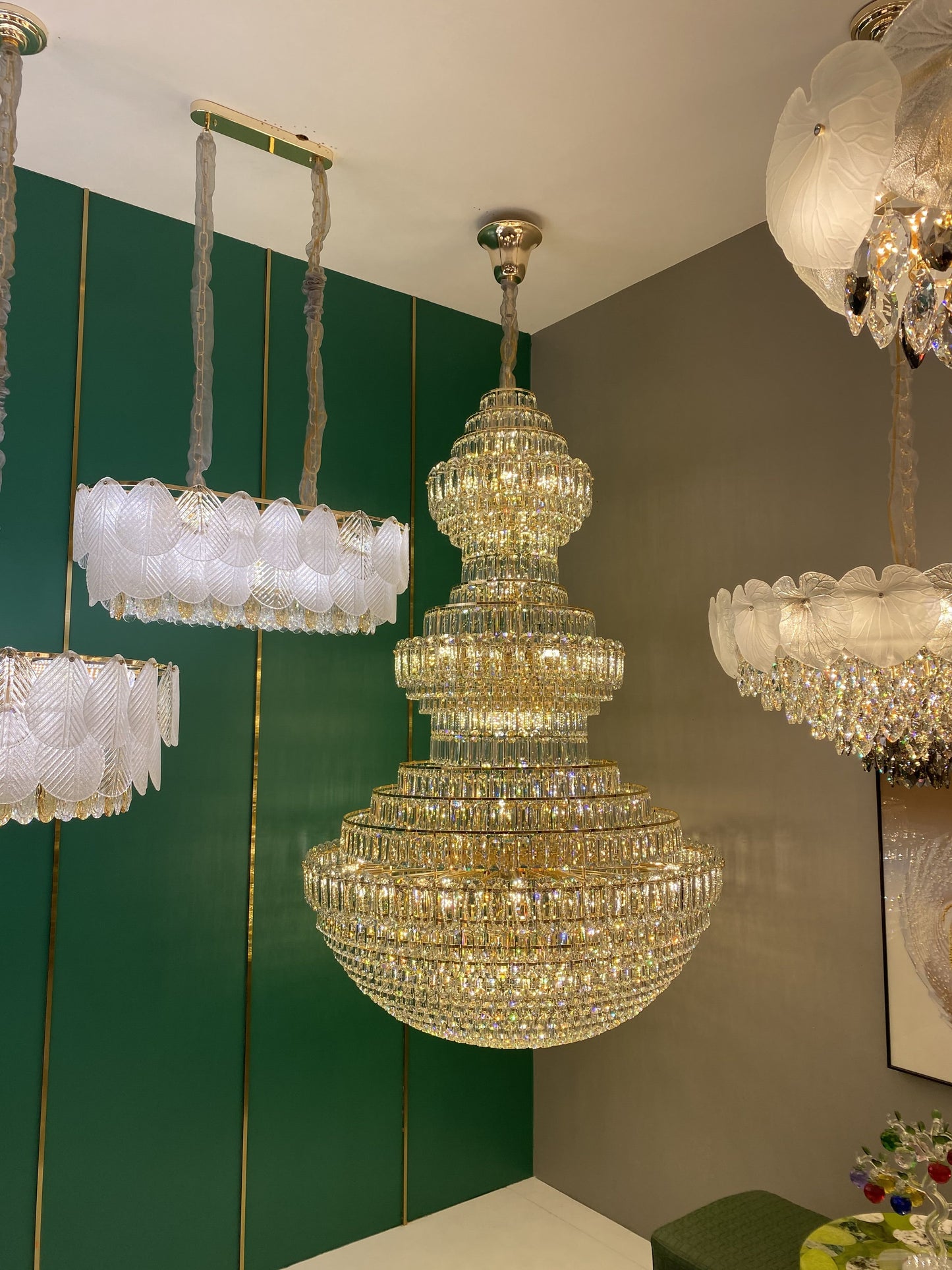 Golden Era Grand Cascade Fountain Clear Crystal Chandelier for High-ceiling