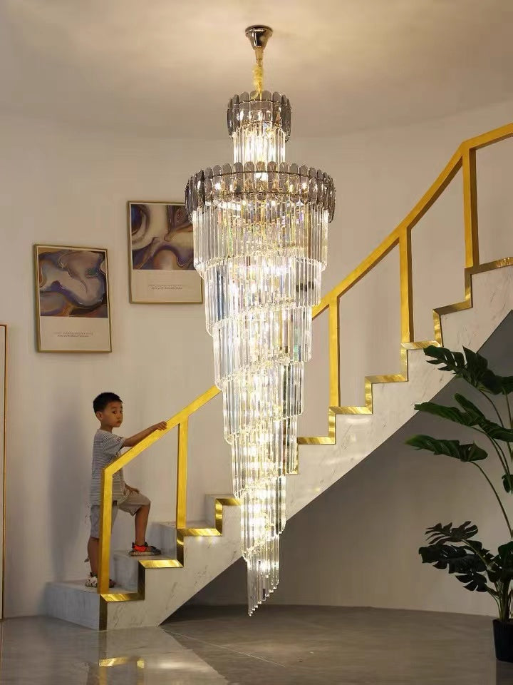 Lampadario a chiocciola di lusso extra large per ingresso, lampadario a soffitto in cristallo lungo per soggiorno e corridoio