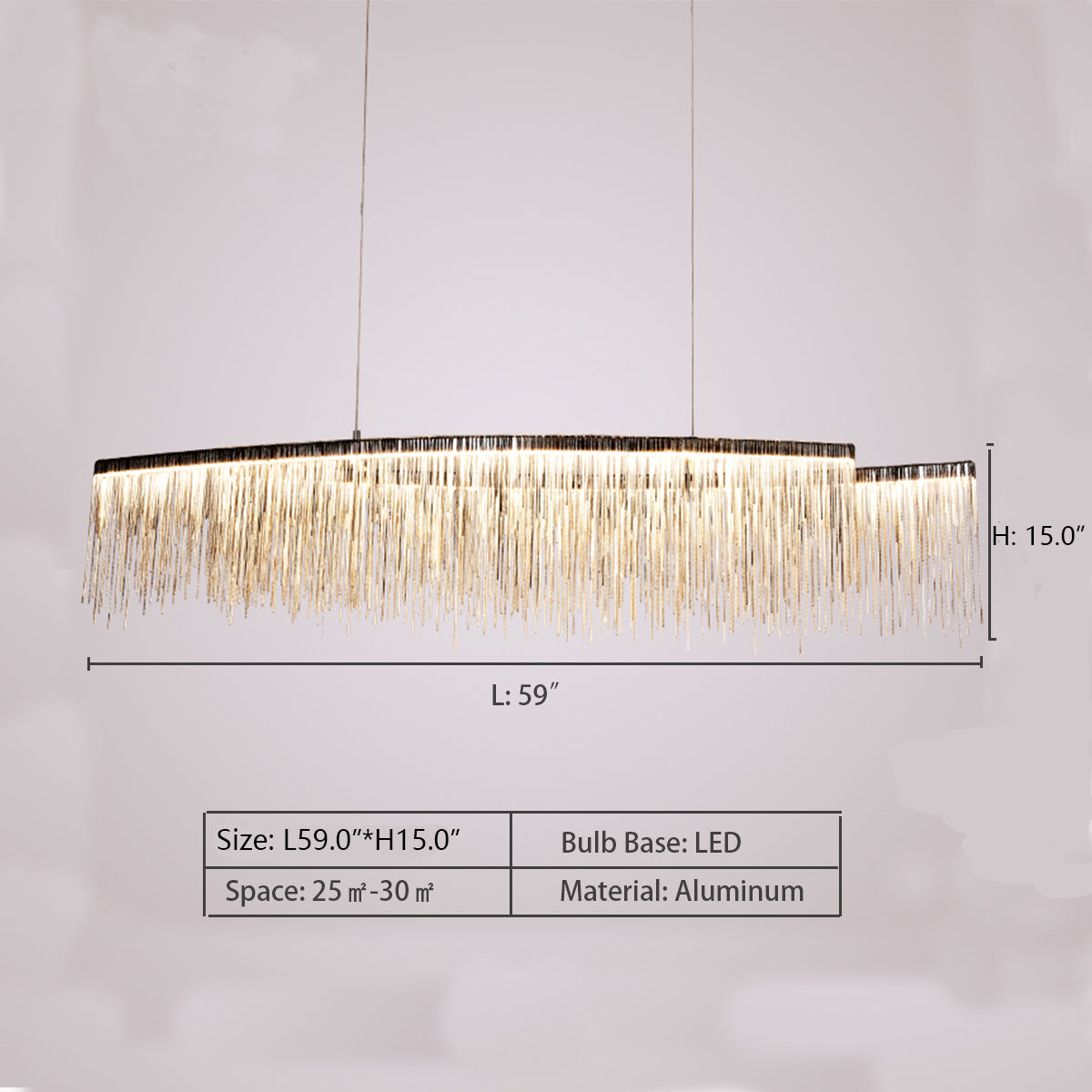 L59.0"*H15.0" Aleeha LED Modern Pendant Light, Aluminum Tassel Linear Chandelier, Chrome Light Fixtures,chandelier,chandeliers,pendant,tassel,aluminum,irregular,kitchen island,dining ar,dining table,long table,big table,chrome,gold