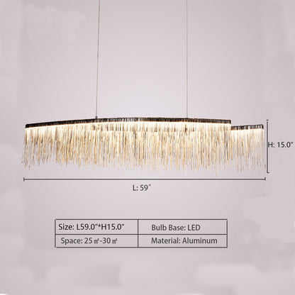 L59.0"*H15.0" Aleeha LED Modern Pendant Light, Aluminum Tassel Linear Chandelier, Chrome Light Fixtures,chandelier,chandeliers,pendant,tassel,aluminum,irregular,kitchen island,dining ar,dining table,long table,big table,chrome,gold