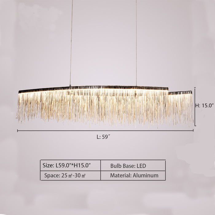 L59.0"*H15.0" Aleeha LED Modern Pendant Light, Aluminum Tassel Linear Chandelier, Chrome Light Fixtures,chandelier,chandeliers,pendant,tassel,aluminum,irregular,kitchen island,dining ar,dining table,long table,big table,chrome,gold