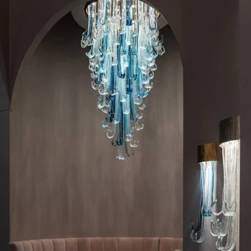 Oversized Art Multi-tier Blue Sea Wave Crystal Pendant Chandelier for Foyer/Living Room/Stairs