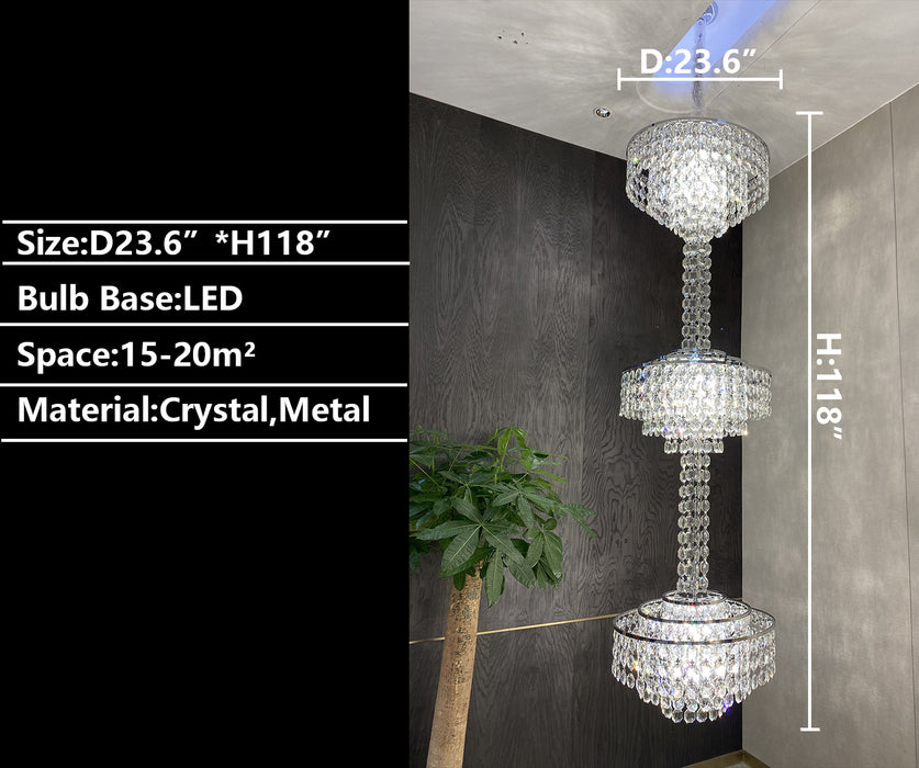 D23.6"*H118.0" chandelier,chandeliers,extra large,large,extra long,long,pendant,tiers,layers,huge,multi-tier,raindrop,teardrop,light,clear crystal,crystal,metal,living room,entrys,stairs,duplex hall,loft,hallway