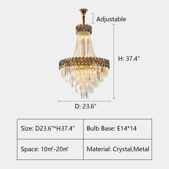 D23.6"*H37.4" chandelier,chandeliers,pendant,crystal,metal,gold,high quality crystal,gold,chain,tiers,layers,multi-tier,multi-layer,oversized,large,,huge,big,entrys,loft,foyer,round,hallway