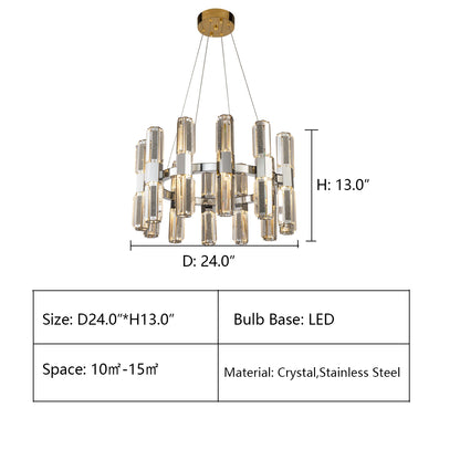 D24.0"*H13.0" OLIVIA 1-TIER ROUND CRYSTAL LED CHANDELIER,chandelier,chandeliers,pendant,light,lamp,crytsal,gold,luxury,rods,stainless steel,branch,round,rings,circle,luxury,chain,living roo,foyer,dining room,bedroom,enytrys,hallway