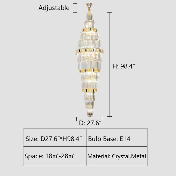 D27.6"*H98.4" chandelier,chandeliers,pendant,crystal,high quality k9 crystal,metal,gold,clear crystal,oversized,extra large,large,big,huge,,luxury,light luxury,ceiling,rods,living room,foyer,entrys,big hallway,spiral staircase,stairs,entryance,loft,duplex hall,hotel lobby,extra long,long