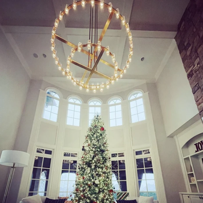 Oversized Round 2 Layers Crystal Pendant Brass Rings Chandelier for Foyer/Living/Dining Room