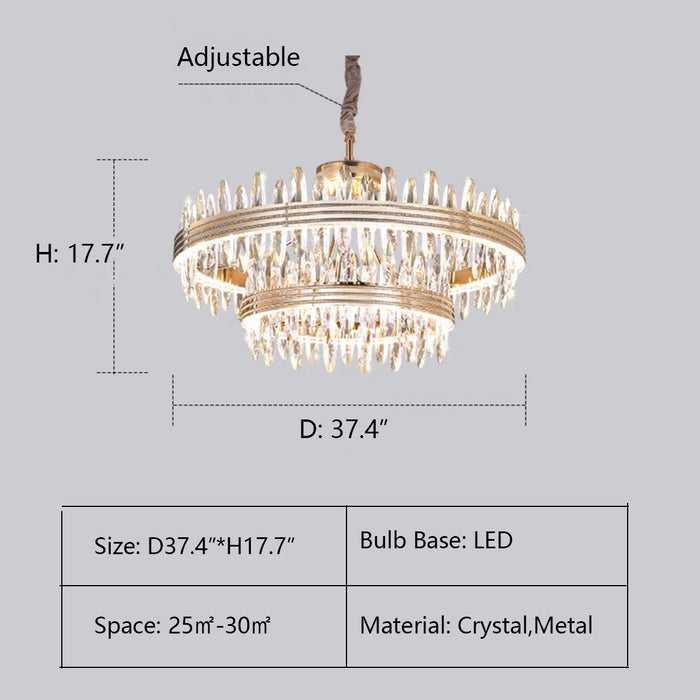 2Layers: D37.4"*H17.7" chandelier,chandeliers,pendant,round,rings,ultirings,multitier,tiers,layers,creative,art,crystal,metal,gold,clear crystal,living room,dining room,bedroom,bar,kitchen island,ceiling