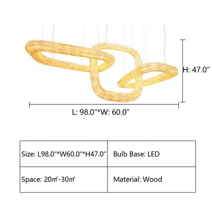 L98.0"*W60.0"*H47.0" TRIPLE ORBIT WOOD FOYER CHANDELIER,chandelier,chandeliers,rings ,circle,round,rectangle,chain,adjustable,creative,art,wood,wooden,extra large,large,huge,big