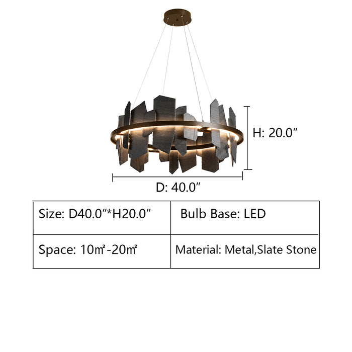 Round: D40.0"*H20.0" Ardesia LED Chandeliers,40"W ROUND SLATE NATURAL STONE LED INDUSTRIAL CHANDELIER,chandeleir,chandeliers,round,ring,circle,stone,metal,black,ceiling,chain,irregular,living room,dining room,bedroom,moderm,cool,linear