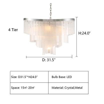 4 Tier: D31.5"*H24.0" Roundel Odeon Fringe Crystal Chandelier,chandelier,chandeliers,crystal,spiral,clear crystal,frost crystal,tier,layer,multi-tier,multi-layer,black,chrome,ceiling,chain,oversized,large,huge,big,living room,dining room,bedroom,bedside,dining table,bar,kitchen island