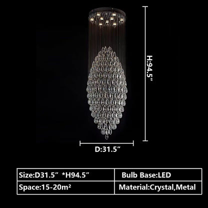D31.5"*H94.5" chandelier,chandeliers,crystal,pendant,metal,oval,extra large,large,huge,big,oversized,long,raindrop,teardrop,flush mount,ceiling,living room,dining room,foyer,stairs,spiral staircase,entrys,hallway,hotel lobby,duplex hall,loft
