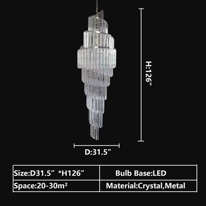 D31.5"*H126" chandelier,chandeliers,pendant,crystal,metal,gold,chrome,spiral,stairs,extra large,extra long,oversized,large,huge,big,long,foyer,high-ceiling room,hotel lobby,living room,loft