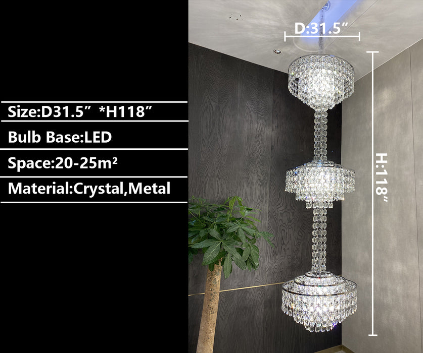 D31.5"*H118.0" chandelier,chandeliers,extra large,large,extra long,long,pendant,tiers,layers,huge,multi-tier,raindrop,teardrop,light,clear crystal,crystal,metal,living room,entrys,stairs,duplex hall,loft,hallway