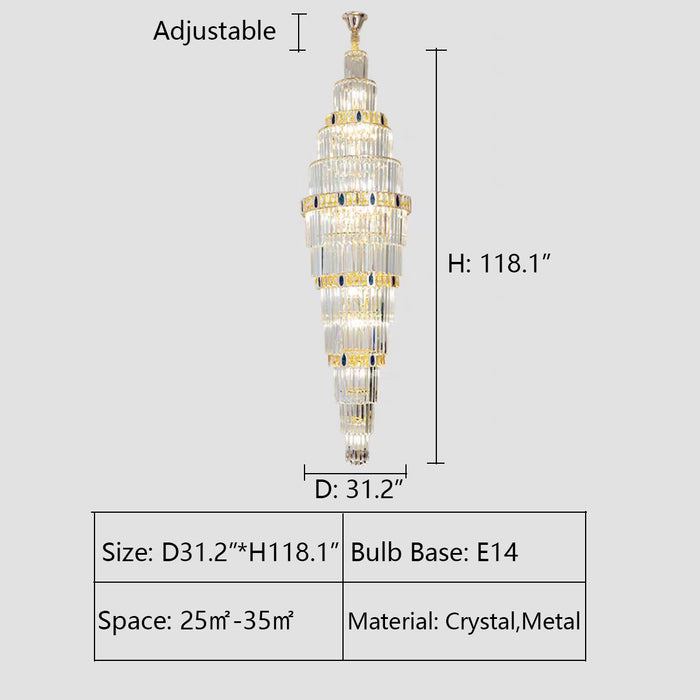 D31.2"*H118.1" chandelier,chandeliers,pendant,crystal,high quality k9 crystal,metal,gold,clear crystal,oversized,extra large,large,big,huge,,luxury,light luxury,ceiling,rods,living room,foyer,entrys,big hallway,spiral staircase,stairs,entryance,loft,duplex hall,hotel lobby,extra long,long