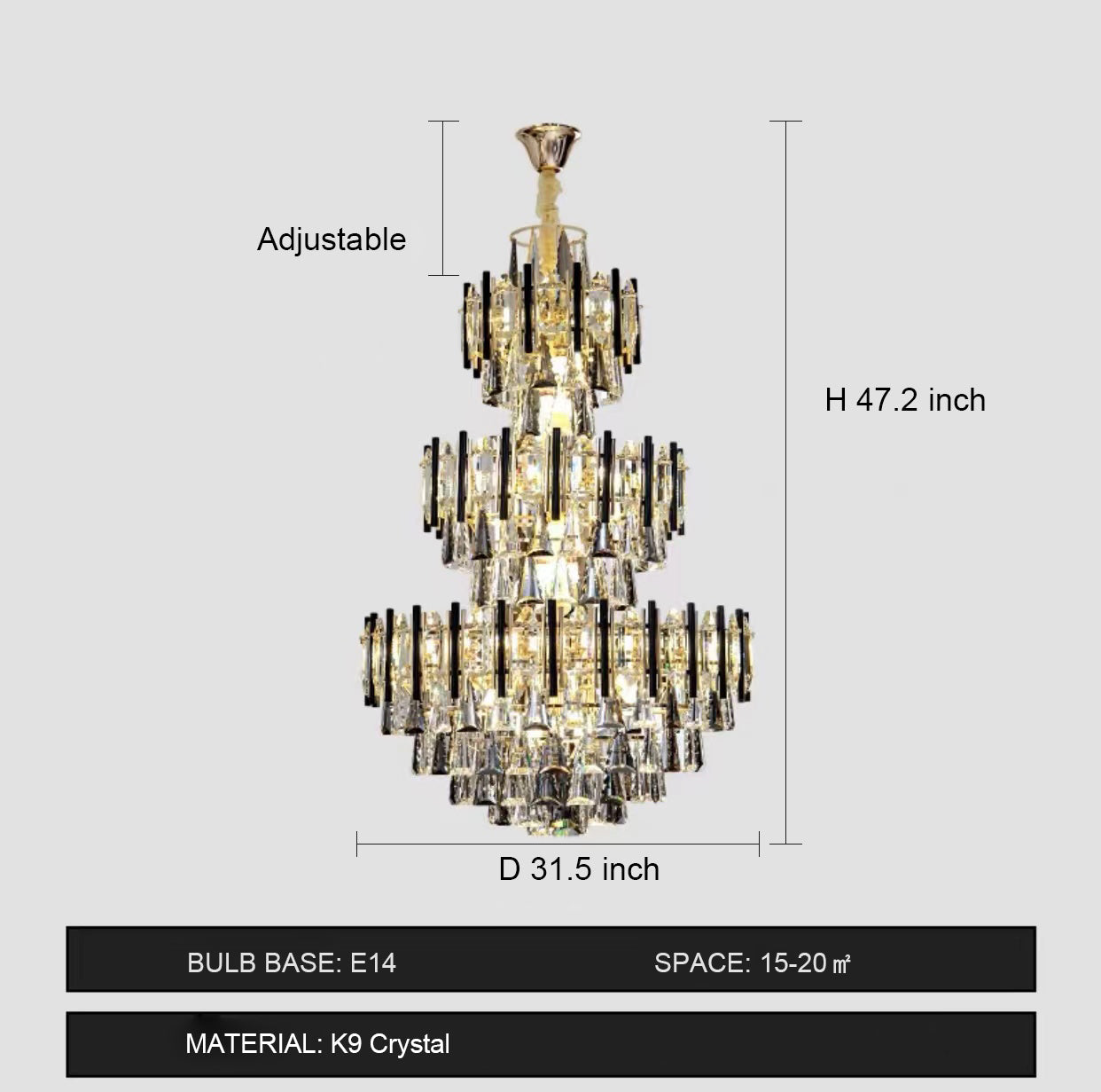 Lampadario di cristallo extra large a 3 strati per ingresso, per soggiorno, scale, soffitto