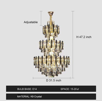 Lampadario di cristallo extra large a 3 strati per ingresso, per soggiorno, scale, soffitto