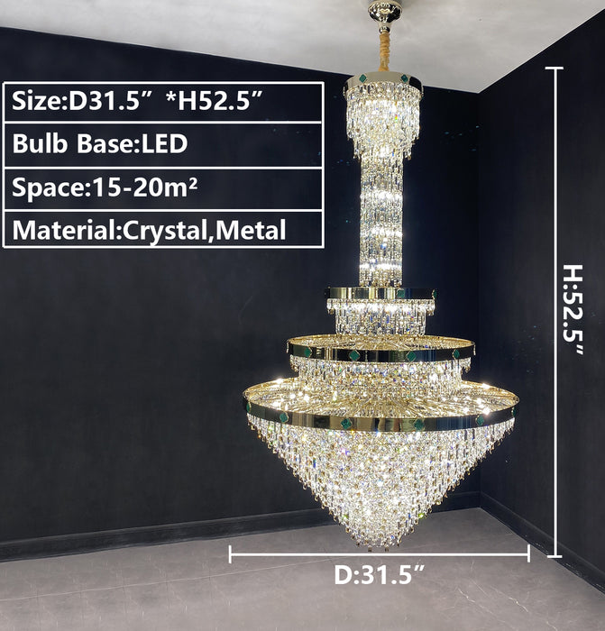 D31.5"*H52.5" chandelier,chandeliers,pendant,crystal,metal,empire,round,long,oversized,extra large,extra long,large,big,huge,luxury,modern,light luxury,stairs,living room,hallway,entrys,foyer,tiers,layers,multi-tier,multi-layer,clear