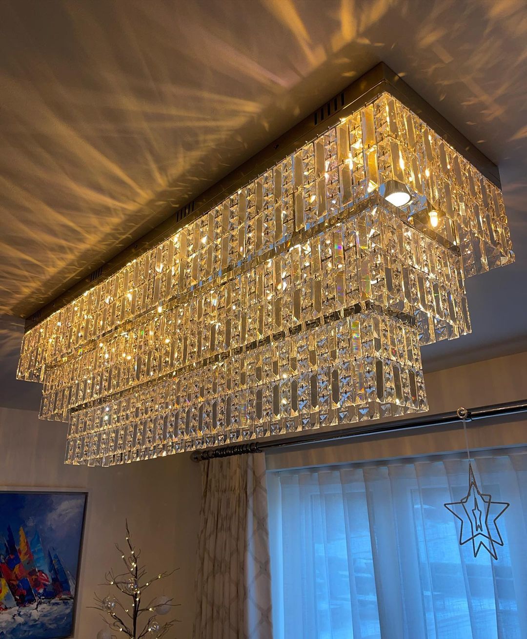 Oversized Rectangle Tiers Flush Mount Crystal Ceiling Light Chandelier
