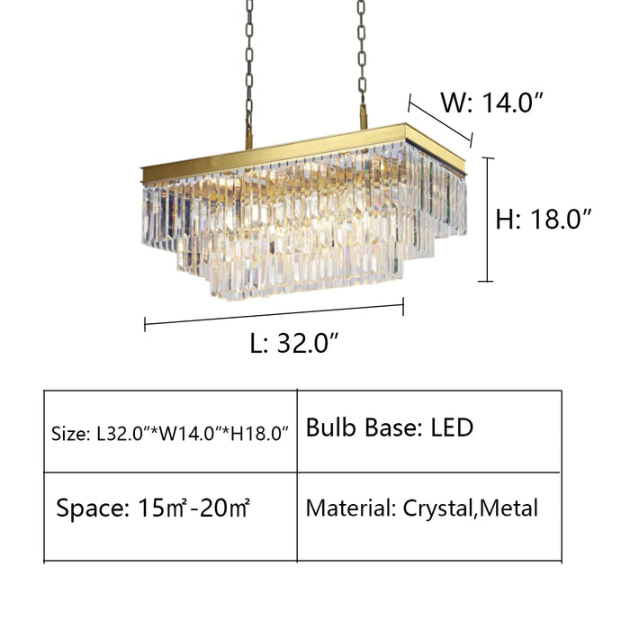 L32.0"*W14.0"*H18.0" Ather 3-Tier Odeon Rectangular Fringe Crystal Chandelier，chandelier,chandeliers,crystal,metal,gold,black,rectangle,tiers,layers,multi-tier,multi-layer,ceiling,flush mount,luxury,modern,traditional,classic,dining table,long table,dining room,living room,kitchen island,bar