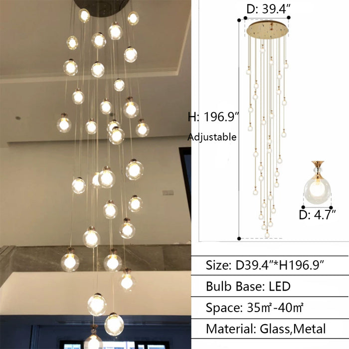 30Lights: D39.4"*H196.9" chandelier,chandeliers,ceiling,glass,metal,glass shade,ball,gold,sphere,round,ceiling,adjustable,extra long,long,living room,dining room,stairs,loft,entrys,hallway,duplex hall