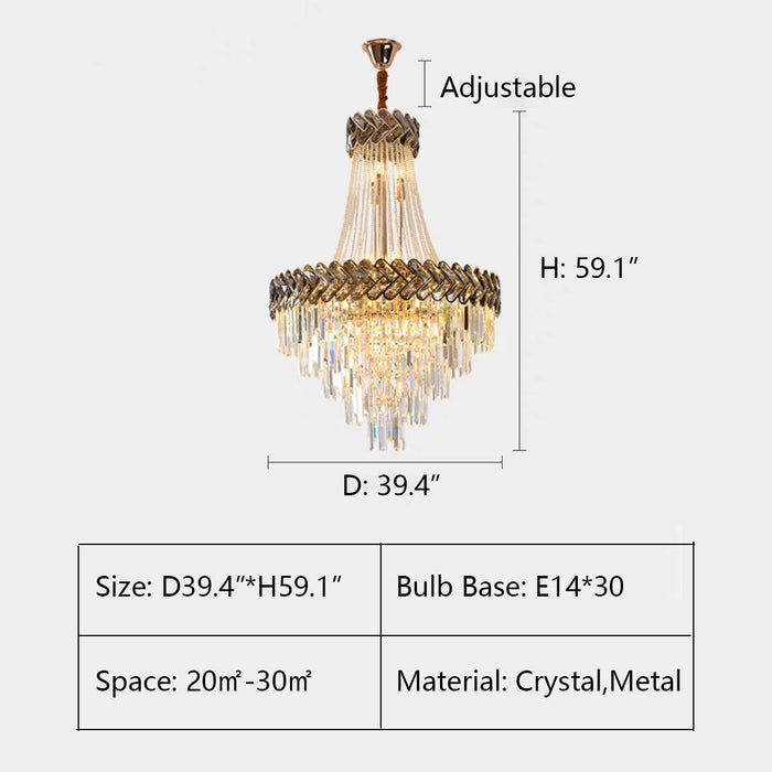 D39.4"*H59.1" chandelier,chandeliers,pendant,crystal,metal,gold,high quality crystal,gold,chain,tiers,layers,multi-tier,multi-layer,oversized,large,,huge,big,entrys,loft,foyer,round,hallway
