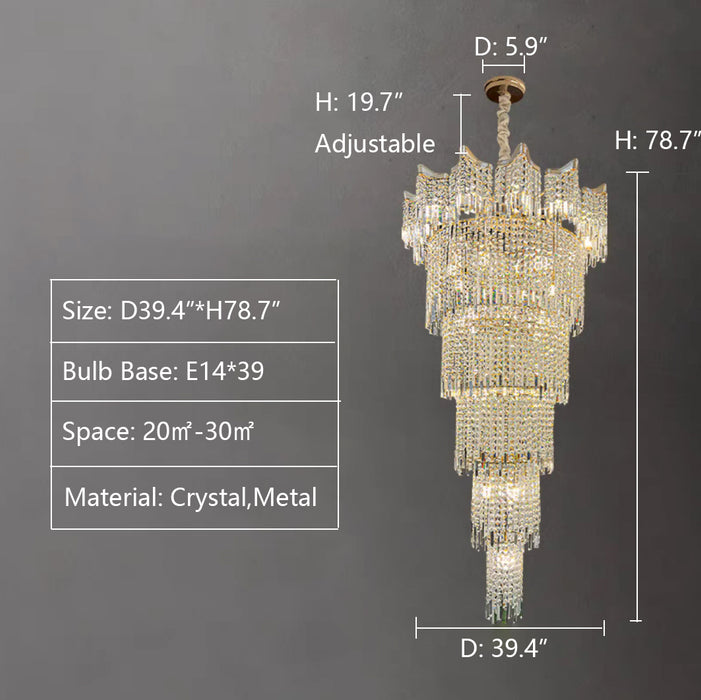 D39.4"*H78.7" chandelier,chandeliers,pendant,crystal,high quality k9 crystal,metal,gold,clear crystal,oversized,extra large,large,big,huge,,luxury,light luxury,ceiling,rods,living room,foyer,entrys,big hallway,spiral staircase,stairs,entryance,loft,duplex hall,hotel lobby