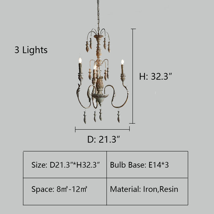 3Lights: D21.3"*H32.3" chandelier,chandeliers,pendant,candle,branch,metal,iron,wood,resin,vintage,retro,american countryside,living room,dining room,coffee shop,foyer,entrys,hallway,bedroom