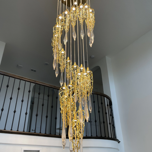 Extra Long Spiral Branch Shade Raindrop Crystal Pendant Chandelier for Staircase/Foyer/Living Room