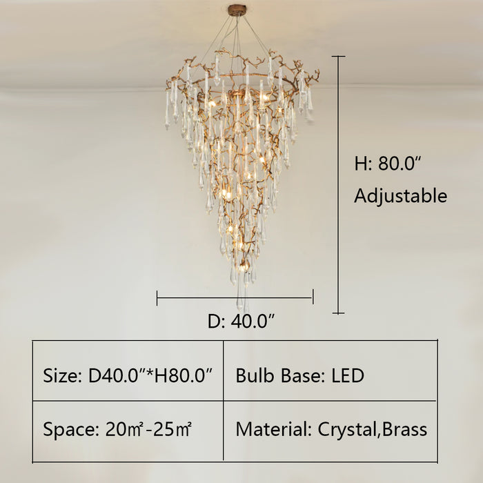 D40.0"*H80.0" Livio Round Foyer Branching Teardrop Chandelier,chandelier,chandeliers,crystal,teardrop,raindrop,brass,copper,branch,round,tiers,rings,pendant,clear,gold,living room,foyer,entryance,stairs,extra large,large,oversized,huge,big,long