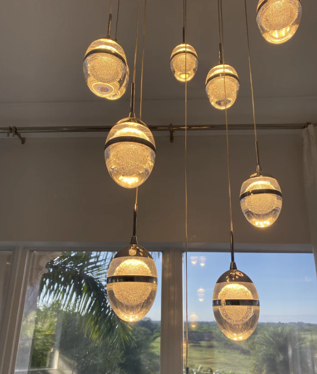 Flush Mount Extra Long Glass Bubble Pendant Chandelier for Foyer/Living Room/Stairs