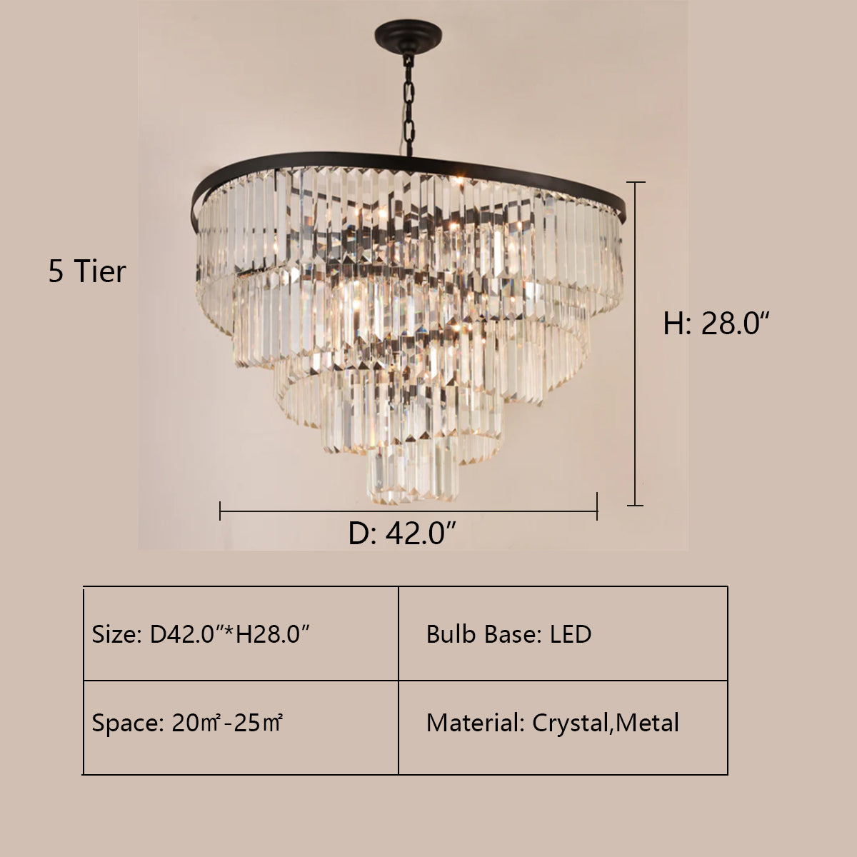 5 Tier: D42.0"*H28.0" Roundel Odeon Fringe Crystal Chandelier,chandelier,chandeliers,crystal,spiral,clear crystal,frost crystal,tier,layer,multi-tier,multi-layer,black,chrome,ceiling,chain,oversized,large,huge,big,living room,dining room,bedroom,bedside,dining table,bar,kitchen island