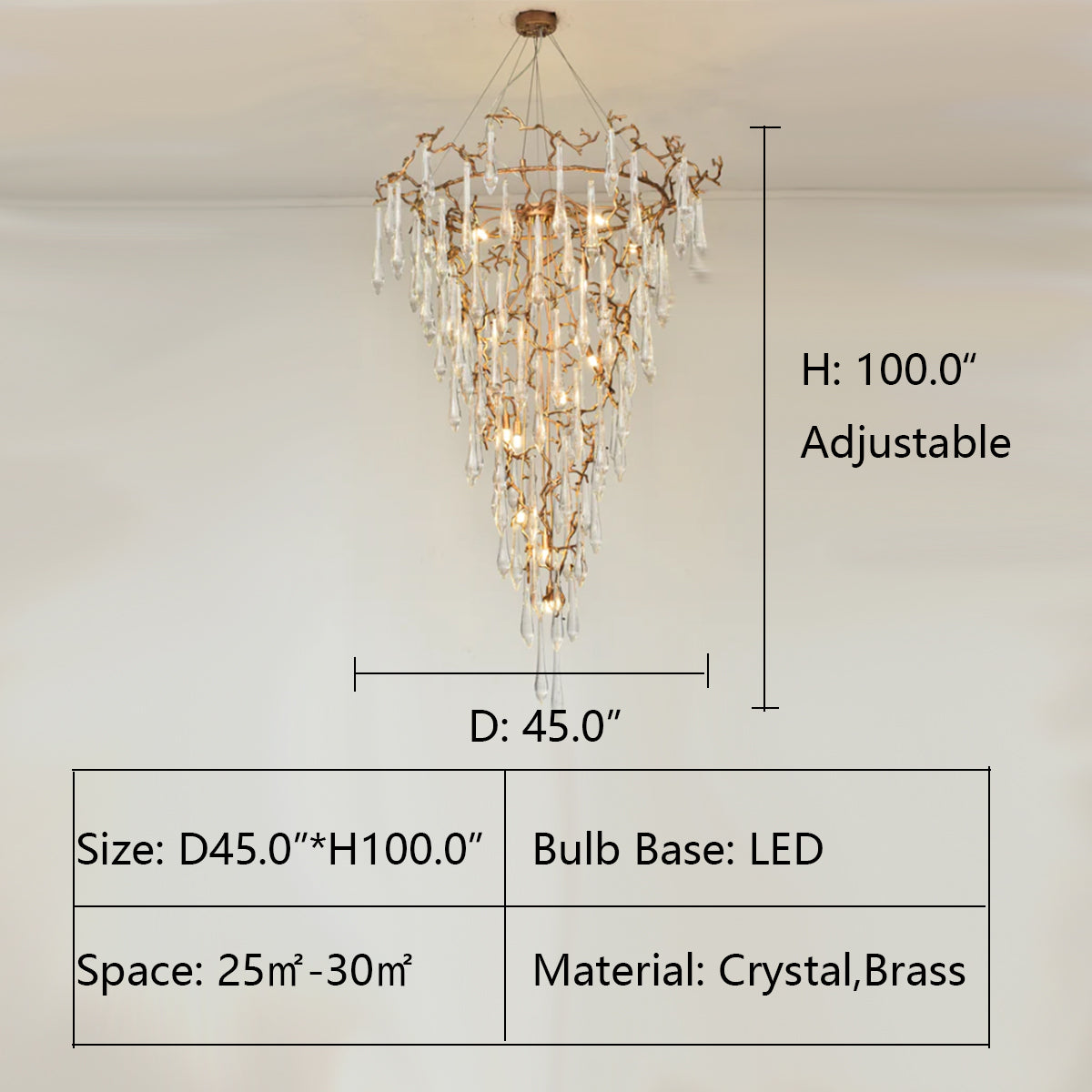 D45.0"*H100.0" Livio Round Foyer Branching Teardrop Chandelier,chandelier,chandeliers,crystal,teardrop,raindrop,brass,copper,branch,round,tiers,rings,pendant,clear,gold,living room,foyer,entryance,stairs,extra large,large,oversized,huge,big,long