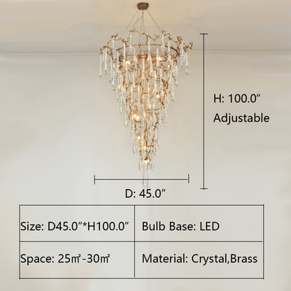 D45.0"*H100.0" Livio Round Foyer Branching Teardrop Chandelier,chandelier,chandeliers,crystal,teardrop,raindrop,brass,copper,branch,round,tiers,rings,pendant,clear,gold,living room,foyer,entryance,stairs,extra large,large,oversized,huge,big,long