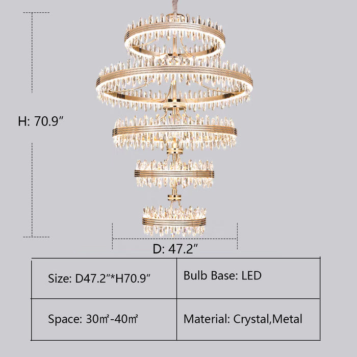 5Layers: D47.2"*H70.9" chandelier,chandeliers,pendant,round,rings,ultirings,multitier,tiers,layers,creative,art,crystal,metal,gold,clear crystal,living room,dining room,bedroom,bar,kitchen island,ceiling