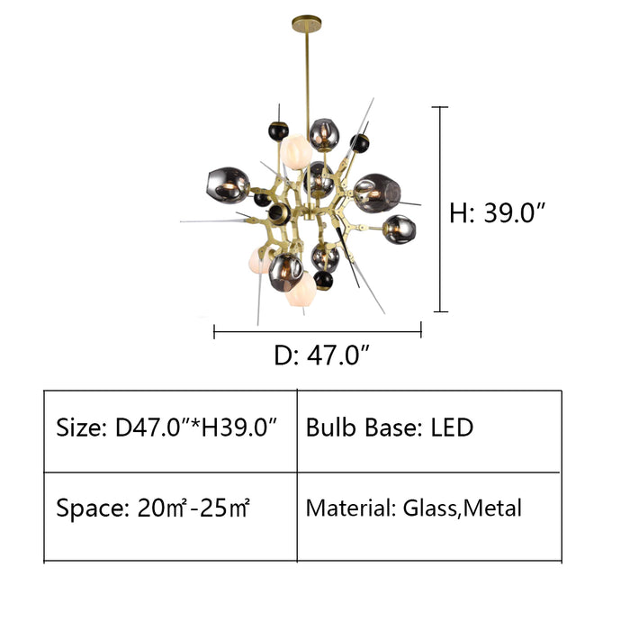 D47.0"*H39.0" Spike & Thorn Sputnik Glass Globe Chandelier,chandelier,chandeliers,pendant,glass,metal,art,creative,cup,glass shade,post-modern,ceiling,foyer,stairs,living room,entrys,hallway,smoke,clear,huge,big,oversized,gold,industrial