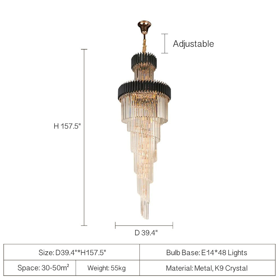 Extra Large Vertical Long Crystal Foyer Hallway Chandelier Spiral Staircase Ceiling Lighting Fixture In Black/ Gold Finish