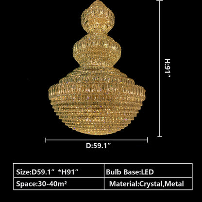D59.1"*H91.0" chandelier,chaandeliers,pendant,crystal,metal,gold,luxury,empire,ceiling,tiers,layers,multi-tier,extra large,oversized,large,huge,big,living room,dining room,high-ceiling room,foyer,stairs,hallway,entryance,hotel lobby,duplex hall,loft