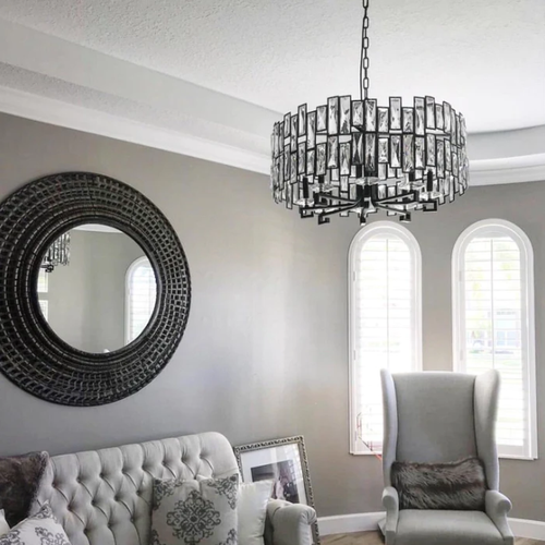 Sandel Crystal Prysm Chandelier,chandelier,chandeliers,crystal,branch,metal,candle,rods,black,clear crystal,round,tiers,ceiling,chain,bedroom,living room,dining room,hallway
