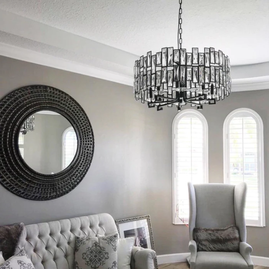 Sandel Crystal Prysm Chandelier,chandelier,chandeliers,crystal,branch,metal,candle,rods,black,clear crystal,round,tiers,ceiling,chain,bedroom,living room,dining room,hallway