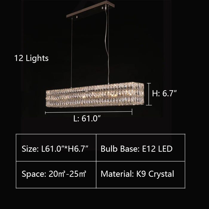 12Lights: L61.0"*H6.7" Mia Rectangular 3-Tier Crystal Chandelier,chandelier,chandeliers,rectangle,rectangular,crystal,stainless steel,ceiling,chain,long table,dining table,dining bar,bar,kitchen island,kitchen bar,big table