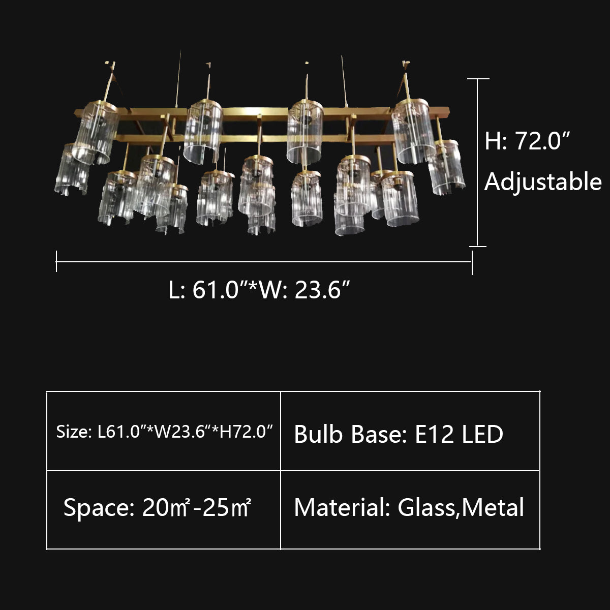 L61.0"*W23.6"*H72.0" Laura Glass Shade Transitional Rectangular Chandelier,chandelier,chandeliers,glass,branch,glass shade,rectangle,metal branch,branch,clear glass,dining room,long table,dining table,big table,kitchen island,bar,dining bar,kitchen bar,gold