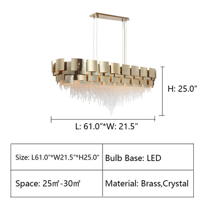22Lights: L61.0"*W21.5"*H25.0" Anastagio Rectangle/ Linear Brass Crystal Bead Chandelier,chandelier,chandeliers,oval,rectangle,linear,crystal,brass,tiers,layers,crystal beads,pendant,celing,flush mount,chain,light luxury,long table,big table,dining room,kitchen island,bar,dining bar,kitchen bar,living room