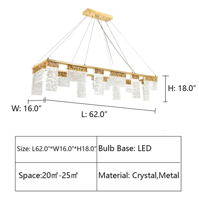 L62.0"*W16.0"*H18.0" Aimee LED Rectangle Glass Chandelier,chandelier,chandeliers,pendant,crystal,metal,gold,luxury,light luxury,ceiling,long table,dining table,kitchen island,bar,kitchen bar,dining bar