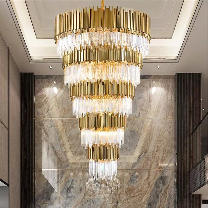 chandelier,chandeliers,crystal,metal,gold,clear,round,multi-tier,multi-layer,tiers,layers,luxury,light luxury,round,rods,extra large,large,oversized,huge,big,long,stairs,living room,foyer,entrys,big hallway,duplex hall,loft