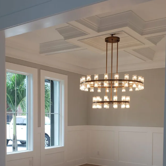 Oversized Round 2 Layers Crystal Pendant Brass Rings Chandelier for Foyer/Living/Dining Room