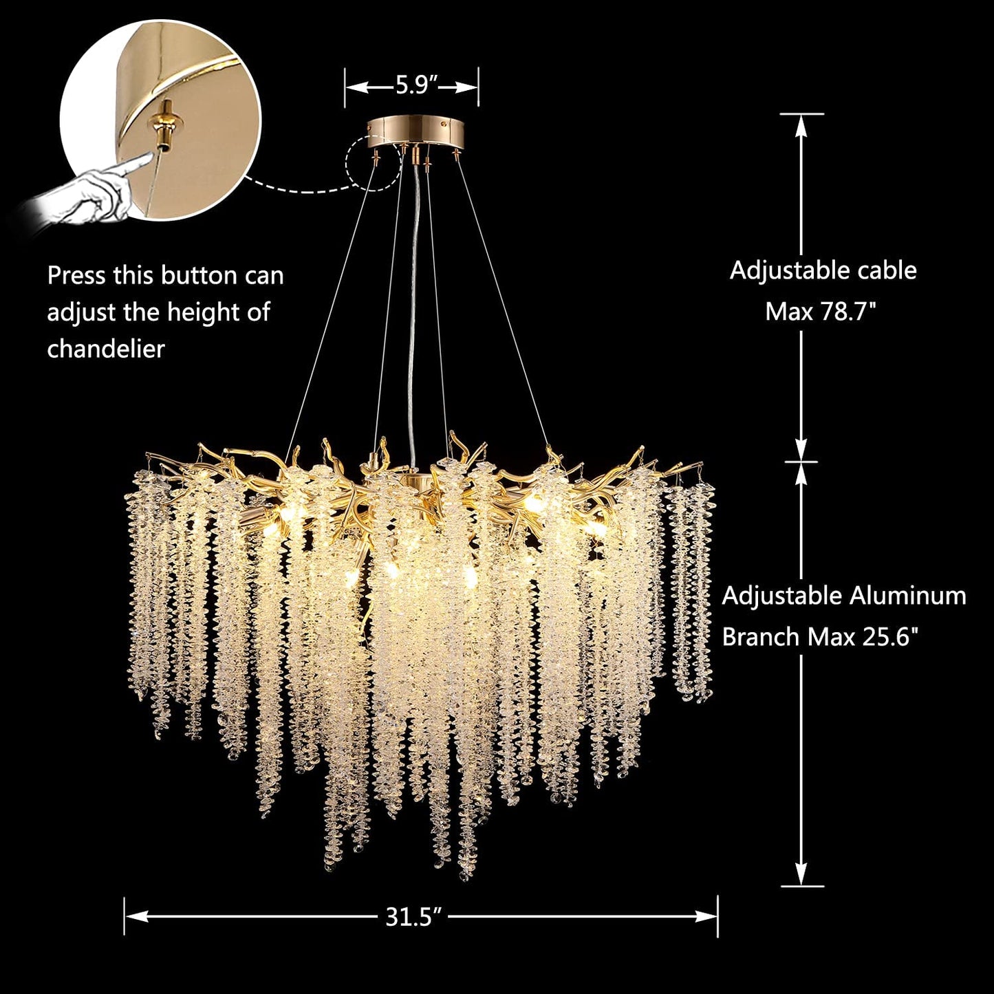 Branch Style Ceiling Light Crystal Icicle Chandelier for Dining Room