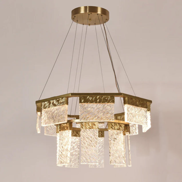 Aimee 2-Tier Round LED Down-light Glass Chandelier,chandelier,chandeliers,round,ring,round ring,circle,ceiling,gold,crystal,tiers,layers,metal,living room,dining room,bedroom,foyer,hallway,entrys,home office